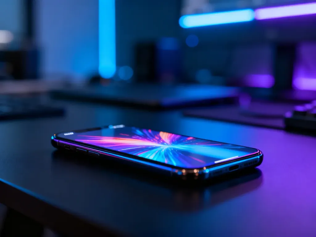 Nowoczesny smartfon z kolorowym ekranem na minimalistycznym biurku w otoczeniu nastrojowego oświetlenia LED.