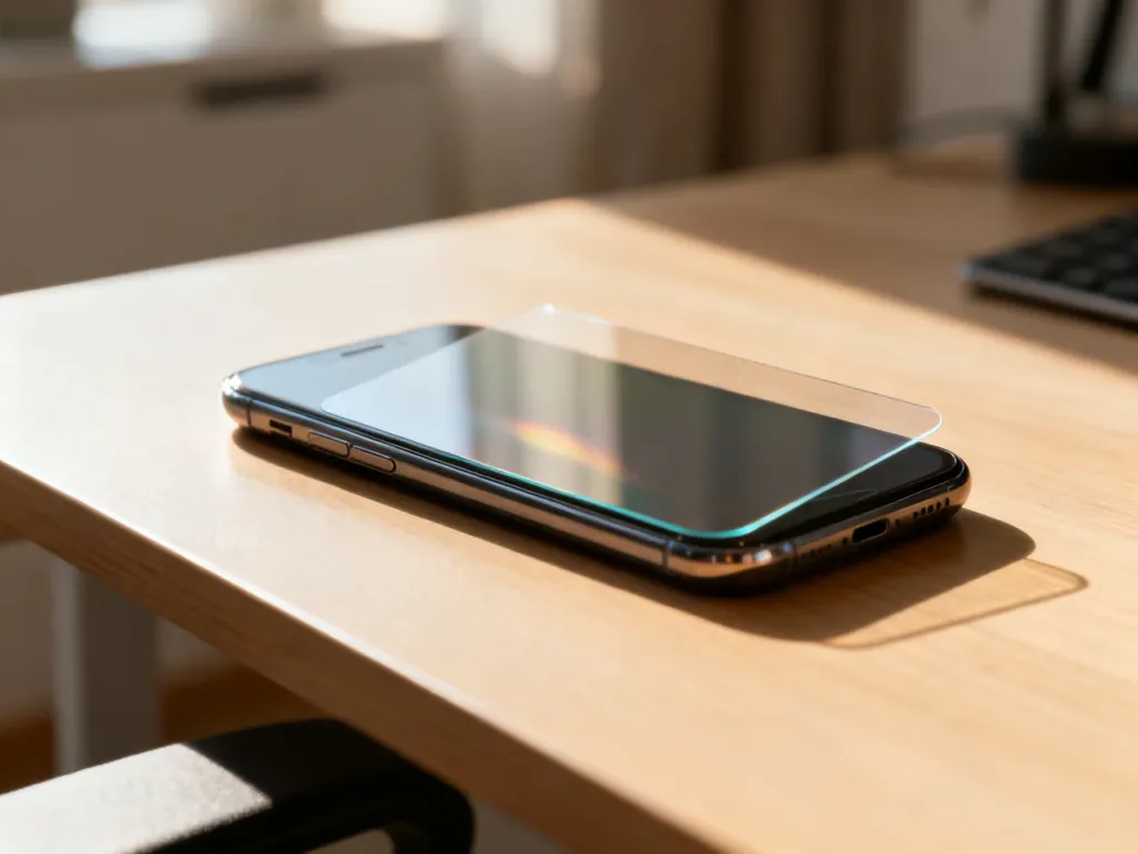 Smartfon na drewnianym biurku z częściowo naklejoną folią ochronną, ukazującą subtelne przejście na krawędzi ekranu.
