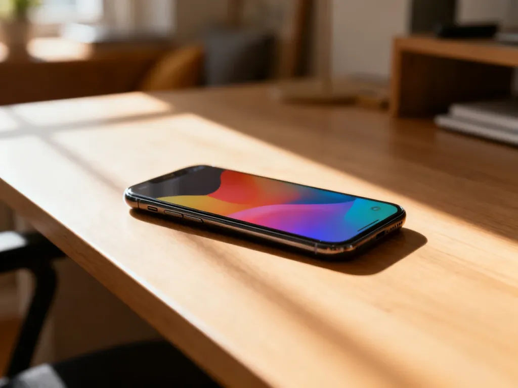 Nowoczesny smartfon leżący na drewnianym biurku w promieniach porannego słońca.