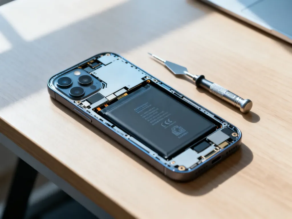Nowoczesny smartfon z otwartą obudową i wyjętą baterią leżący na biurku obok profesjonalnych narzędzi serwisowych.