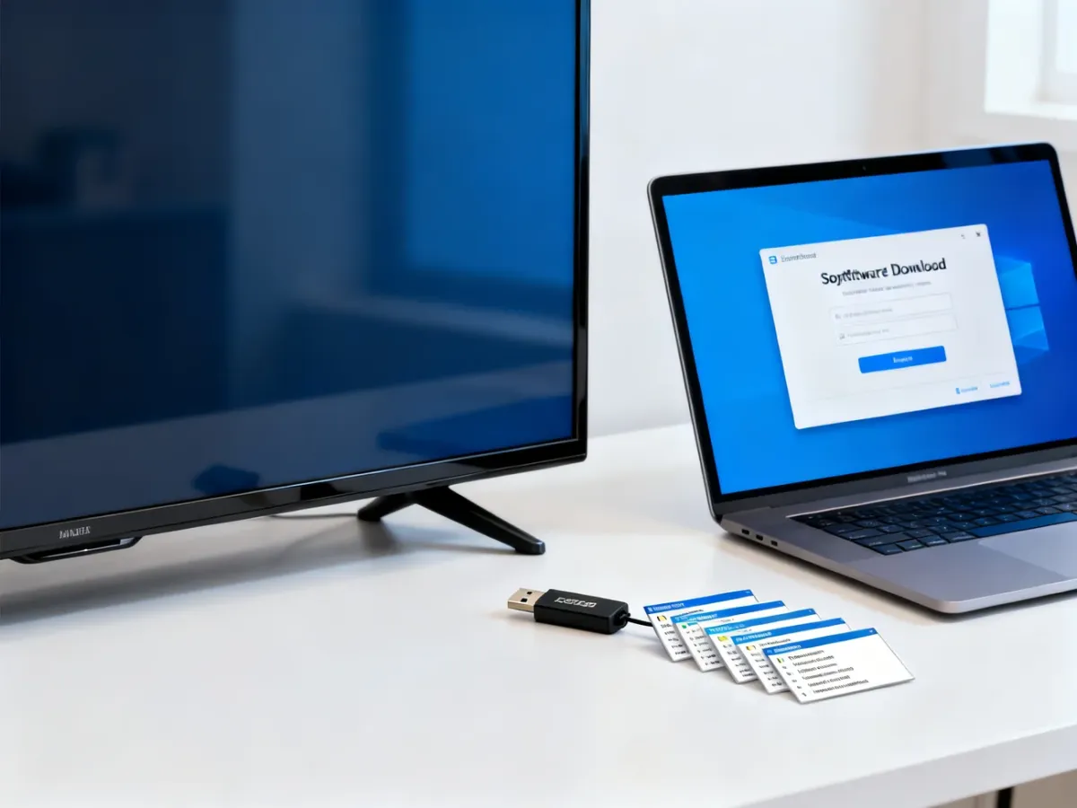 Telewizor, laptop i pendrive przygotowane do aktualizacji oprogramowania