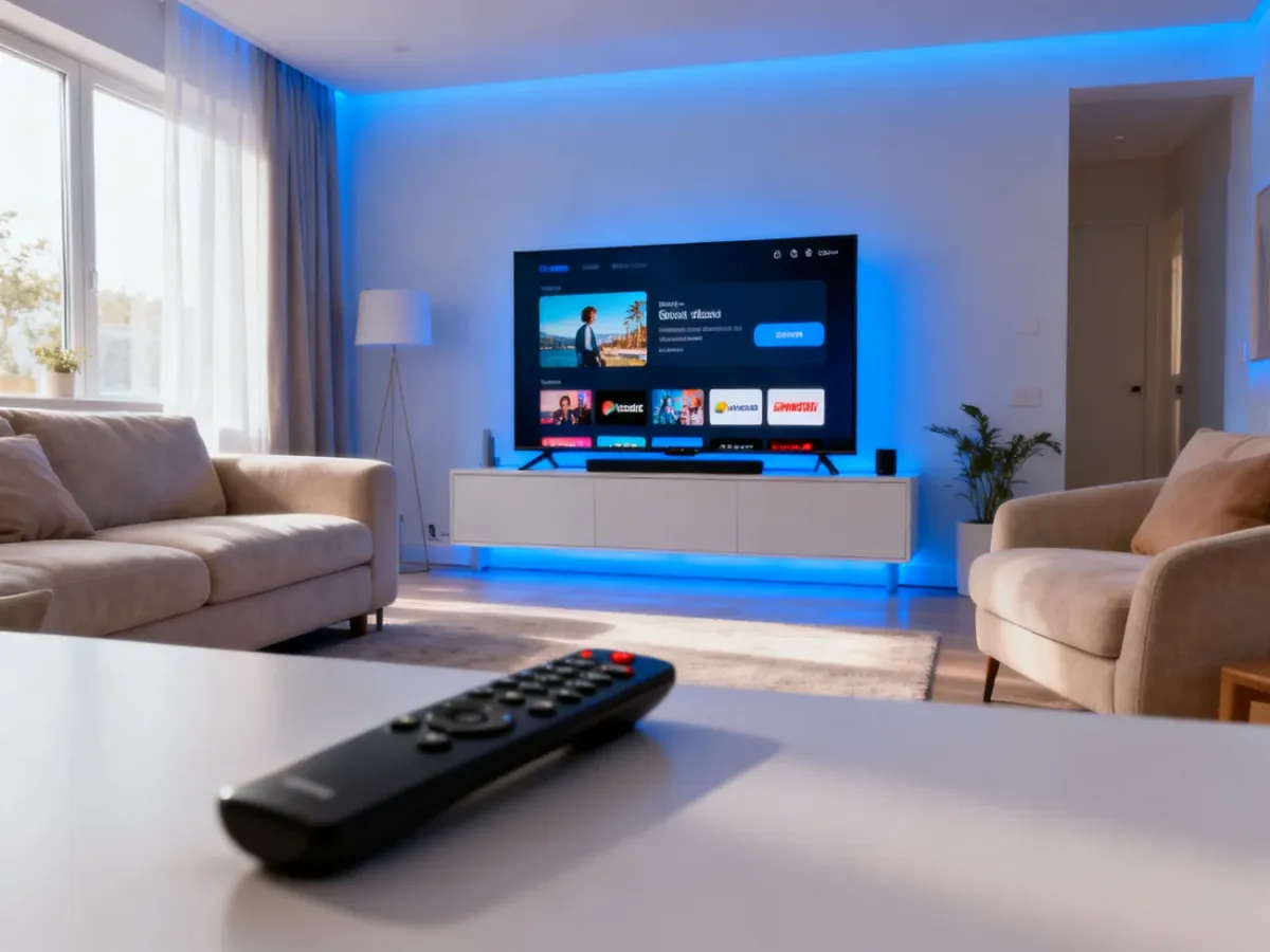Telewizor Smart TV z pilotem i ekranem konfiguracji aplikacji