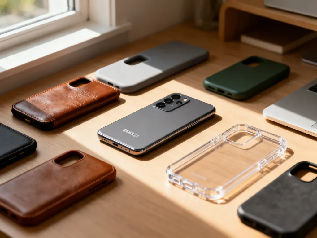 Smartfon Samsung S21 na drewnianym biurku w otoczeniu różnorodnych etui ochronnych o różnych fakturach i kolorach.