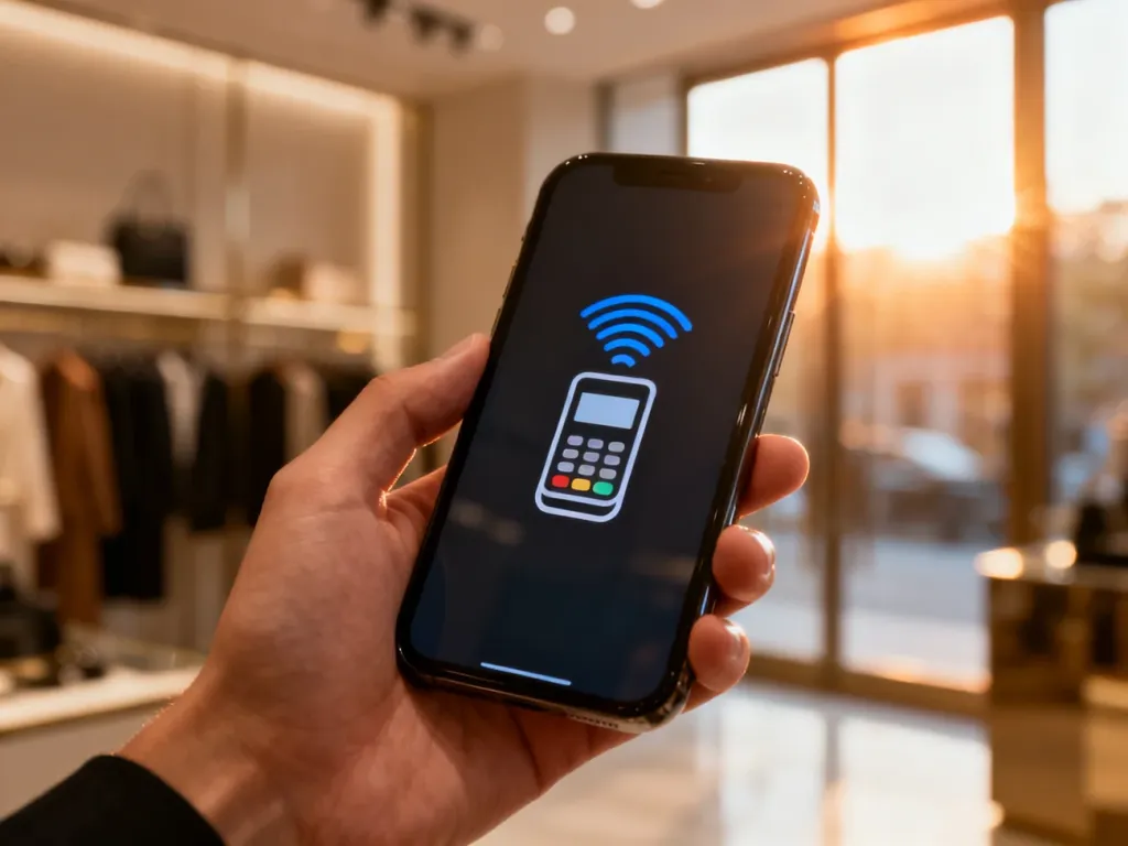 Dłoń trzymająca smartfon z widoczną ikoną płatności zbliżeniowych na tle nowoczesnego sklepu.