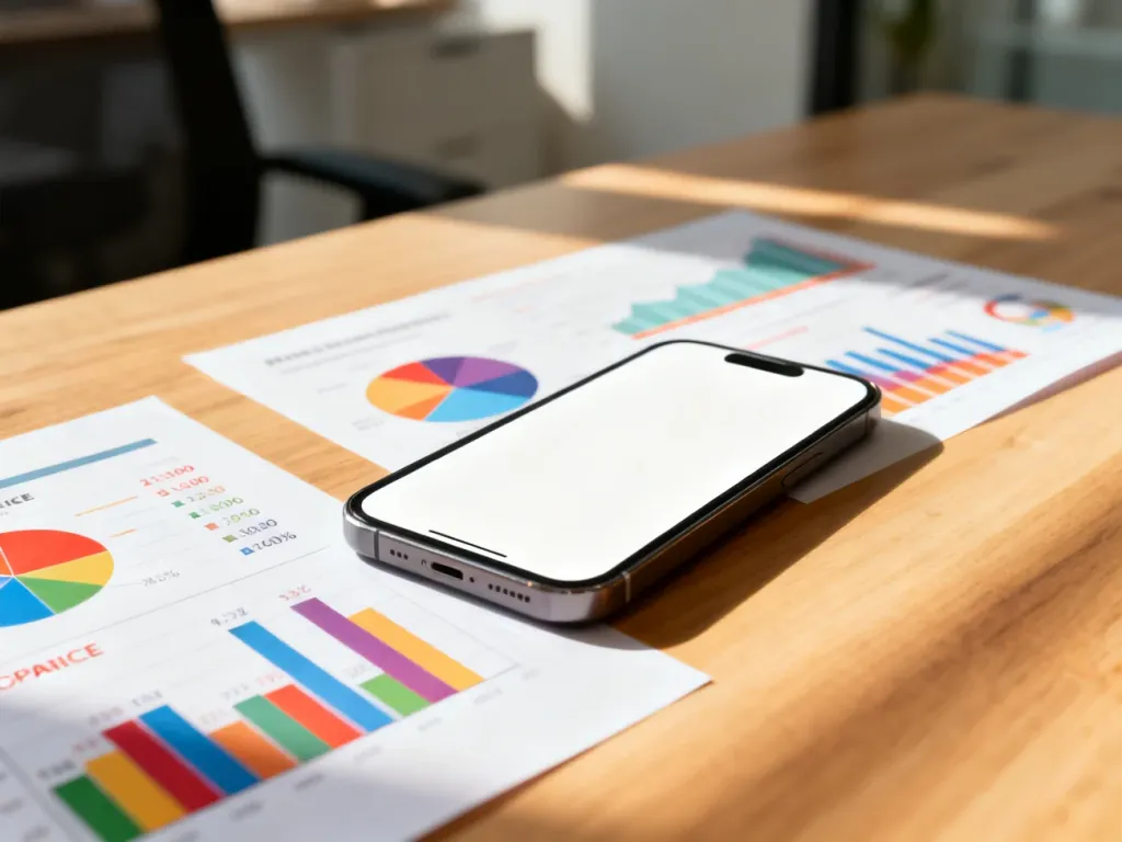 Nowoczesny smartfon na biurku z wykresami porównującymi ceny abonamentów telefonicznych.