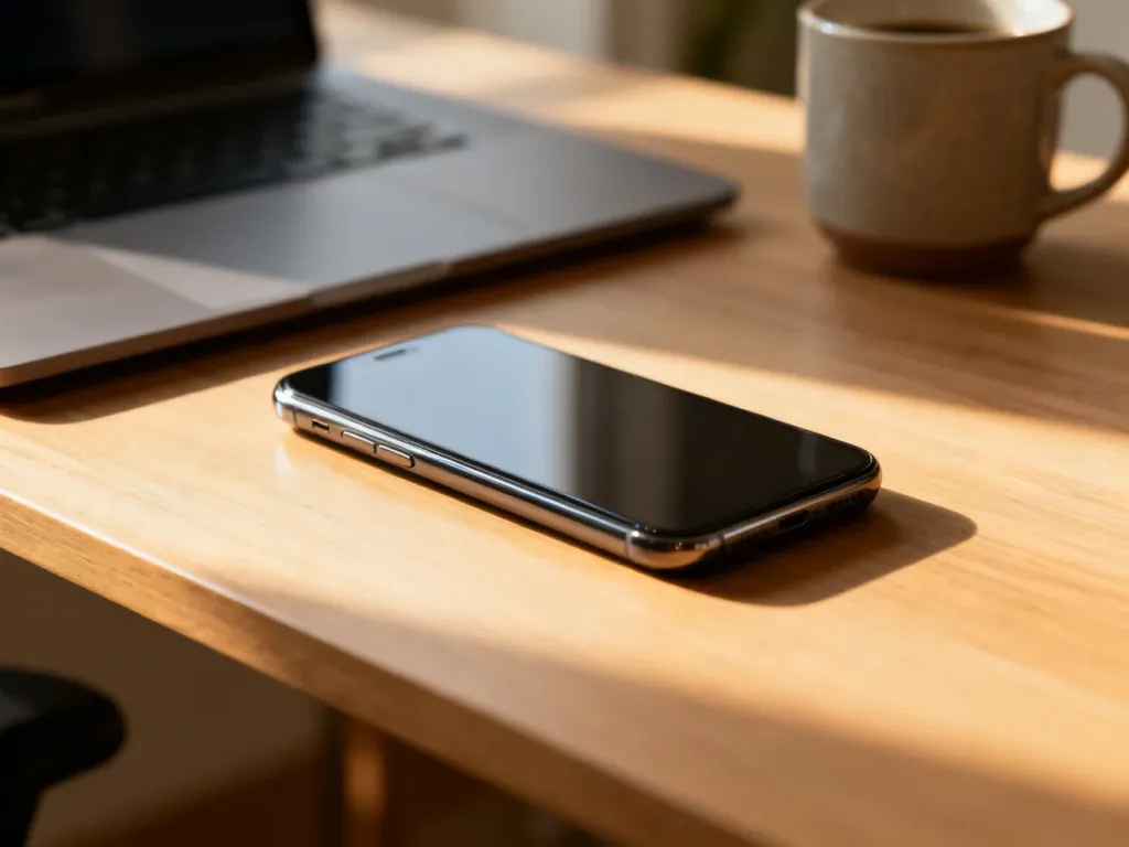 Nowoczesny smartfon leżący na minimalistycznym drewnianym biurku w promieniach porannego słońca.