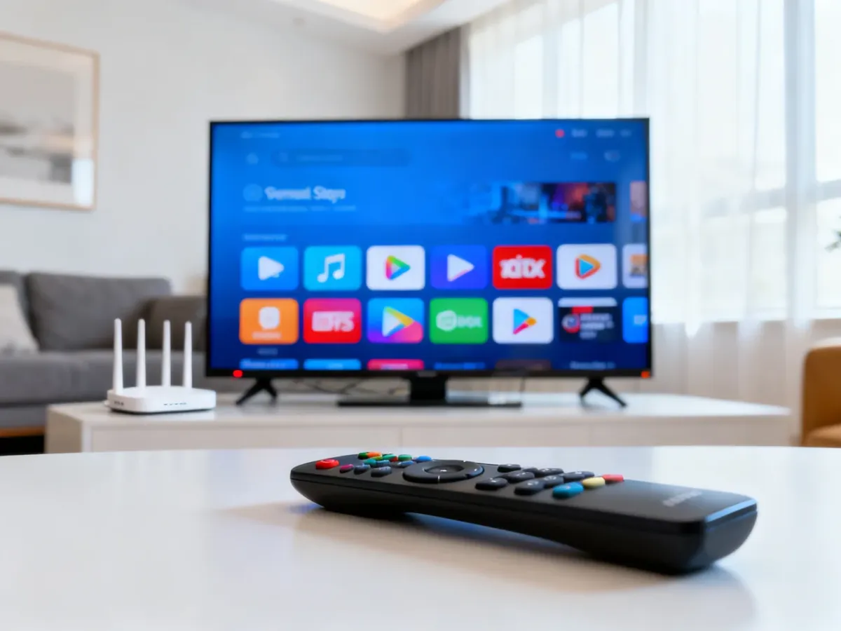 Telewizor Smart TV z otwartym sklepem aplikacji i pilotem na pierwszym planie