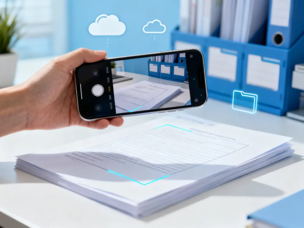 Smartfon skanujący dokument leżący na biurku