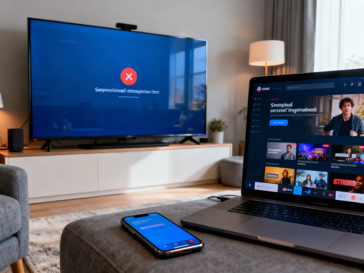 Telewizor z błędem odtwarzania obok telefonu i laptopa podczas sprawdzania działania serwisu