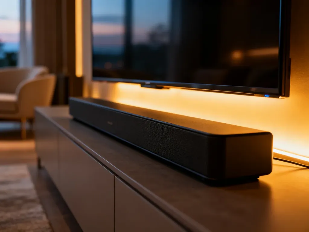 Nowoczesny soundbar umieszczony pod telewizorem w przytulnym salonie, poprawiający jakość dźwięku w domowym kinie.