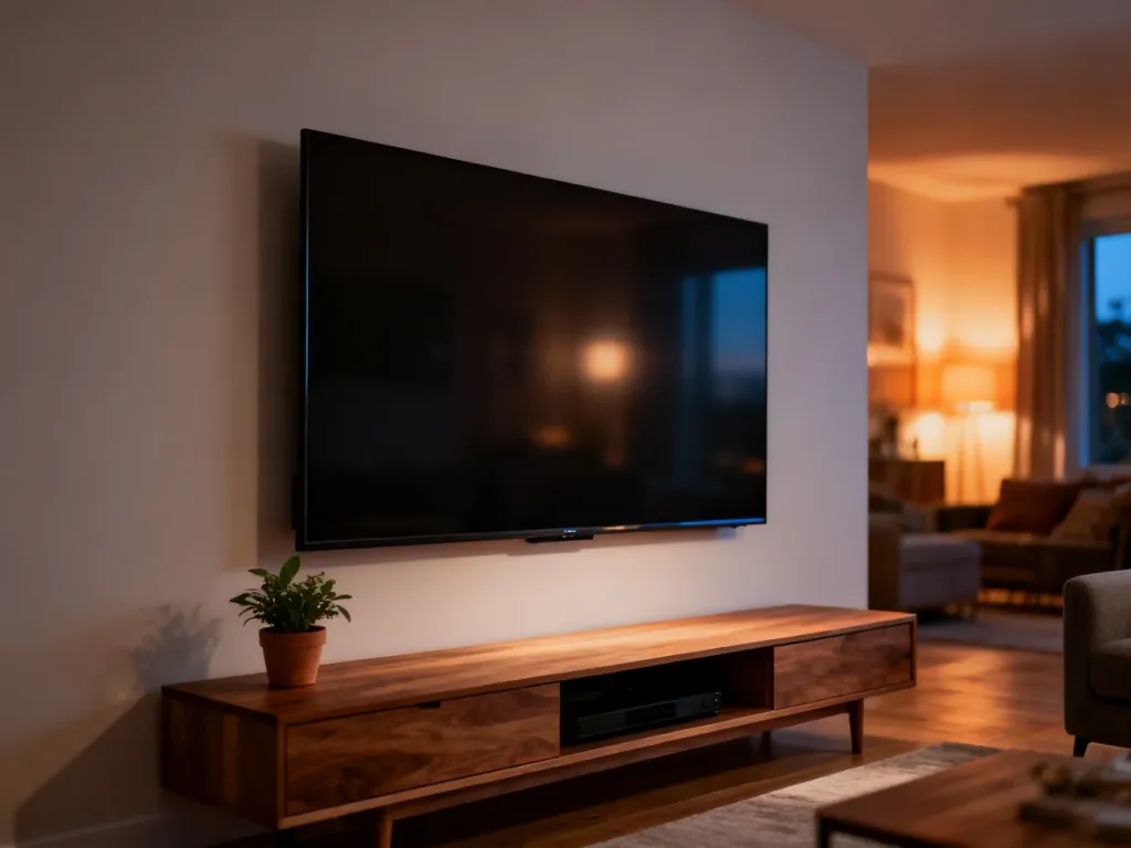 Nowoczesny 70-calowy telewizor zamontowany na ścianie w minimalistycznym salonie z drewnianą szafką RTV.
