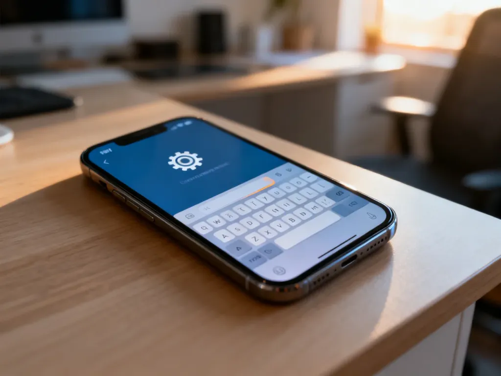 Ekran smartfona z widoczną klawiaturą i ikoną ustawień, wskazujący miejsce konfiguracji słownika w telefonie Samsung.