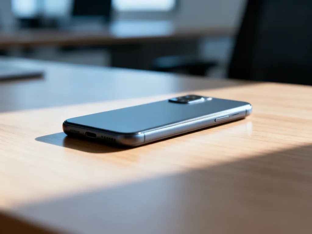 Nowoczesny smartfon budżetowy leżący na drewnianym biurku w promieniach porannego słońca.