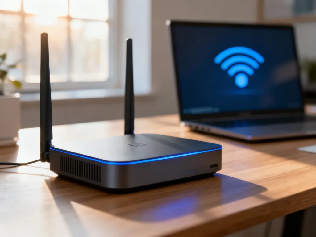 Nowoczesny router na drewnianym biurku w jasnym biurze, symbolizujący szybki i stabilny dostęp do internetu w domu.