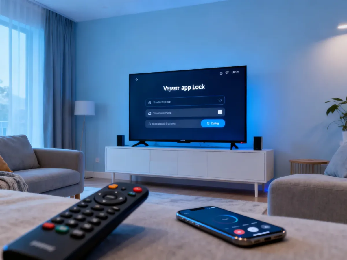 Telewizor z ustawieniami blokady aplikacji, pilotem i telefonem w salonie