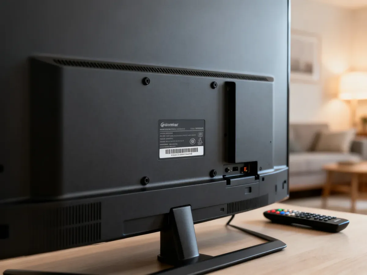 Tył telewizora z tabliczką znamionową zawierającą numer seryjny