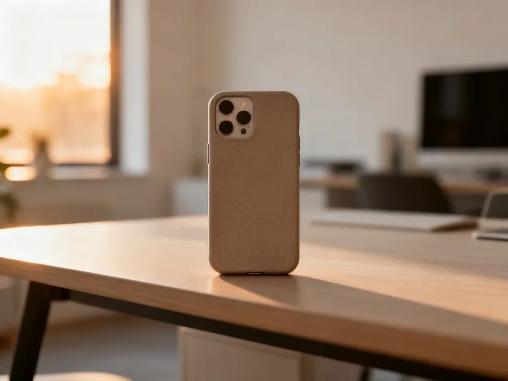 Matowe etui ochronne na telefon leżące na minimalistycznym drewnianym biurku w jasnym domowym biurze.