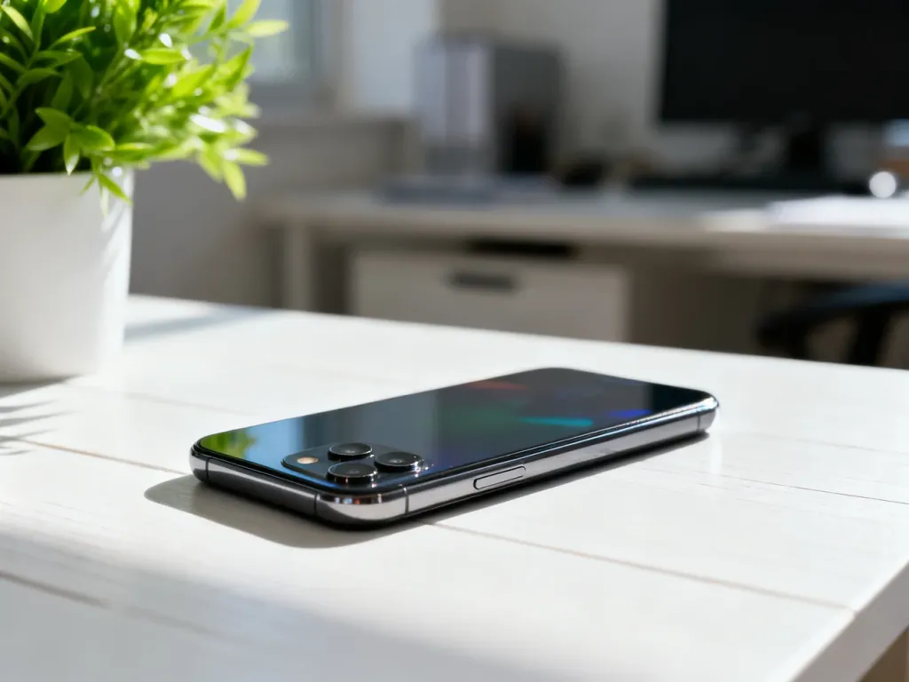 Nowoczesny smartfon Oppo A6 Pro 5G leżący na minimalistycznym biurku w jasnym, domowym biurze.