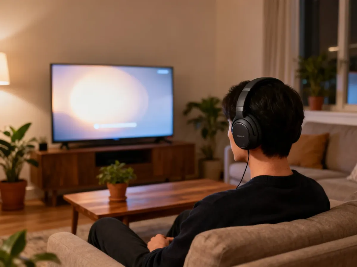 Osoba oglądająca telewizję przez bezprzewodowe słuchawki Bluetooth