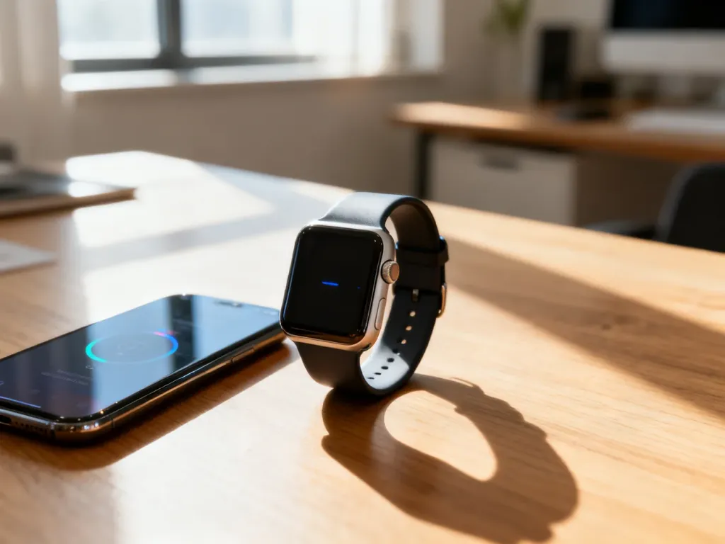Smartwatch i smartfon leżące na biurku podczas procesu parowania urządzeń.
