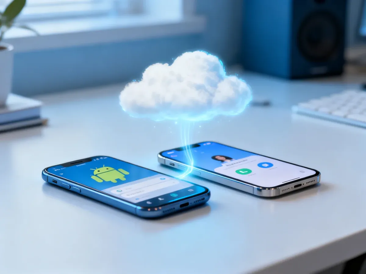 Dwa smartfony połączone podczas synchronizacji kontaktów w chmurze
