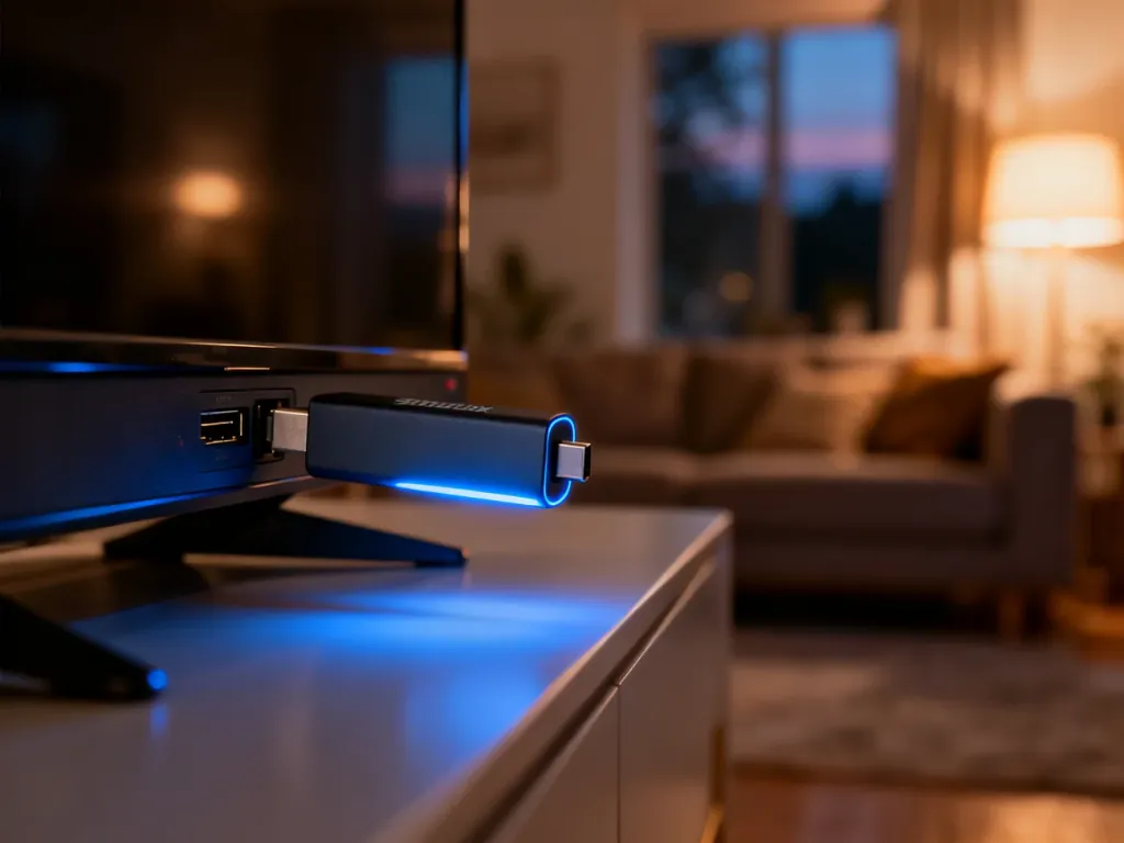 Nowoczesny przystawka typu stick podłączona do portu HDMI telewizora, emitująca delikatne niebieskie światło.