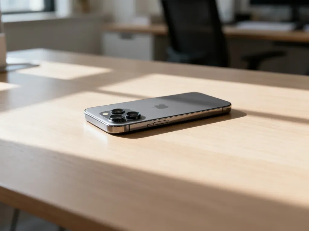Nowoczesny smartfon z wyraźnie wyeksponowanym obiektywem aparatu leżący na minimalistycznym drewnianym biurku.