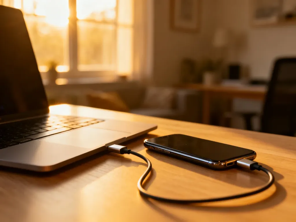 Nowoczesny smartfon podłączony kablem USB-C do laptopa na drewnianym biurku, ilustrujący proces przesyłania plików.