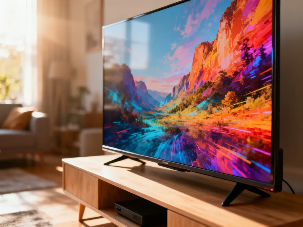 Nowoczesny 40-calowy telewizor Smart TV wyświetlający kolorowy obraz w przytulnym, słonecznym salonie.