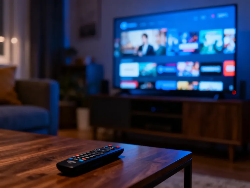 Pilot do telewizora na stoliku kawowym w salonie z włączoną aplikacją streamingową na ekranie.