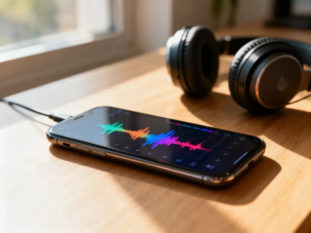Nowoczesny smartfon z włączonym korektorem muzycznym i słuchawki na drewnianym biurku w świetle poranka.