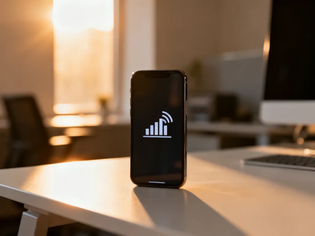 Nowoczesny smartfon z widoczną ikoną zasięgu na minimalistycznym biurku, symbolizujący wybór abonamentu komórkowego.