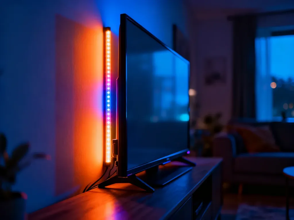 Telewizor z podświetleniem LED zamontowanym z tyłu obudowy, tworzącym nastrojową poświatę na ścianie w ciemnym salonie.