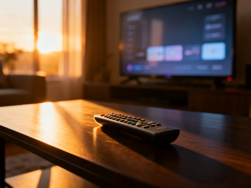 Nowoczesny pilot do telewizora leżący na drewnianym stoliku w salonie z włączonym ekranem w tle.