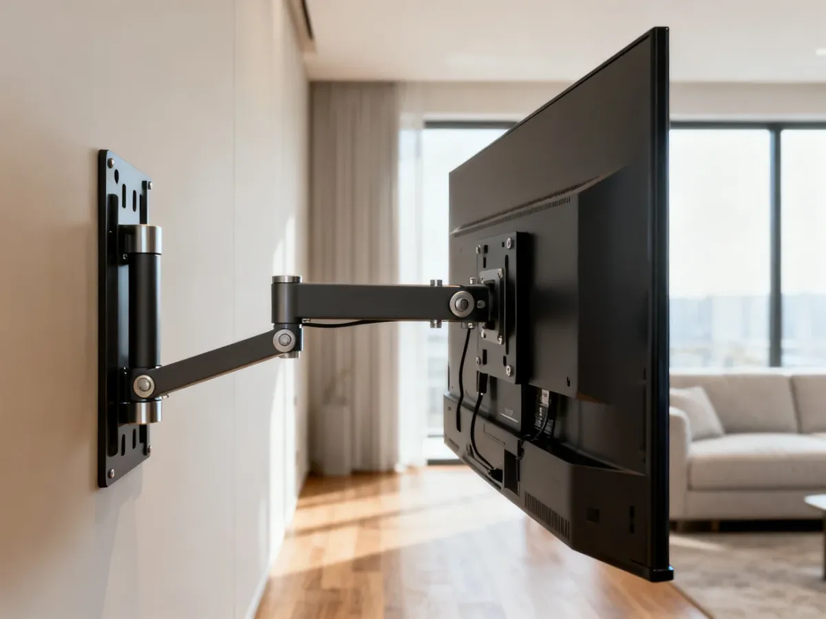 Duży telewizor zamontowany na solidnym uchwycie z wysuwanym ramieniem