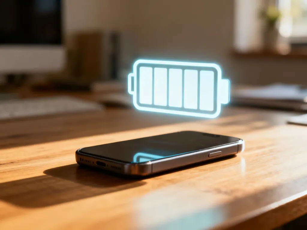 Nowoczesny smartfon na drewnianym biurku z ikoną baterii symbolizującą dużą pojemność i długi czas pracy urządzenia.