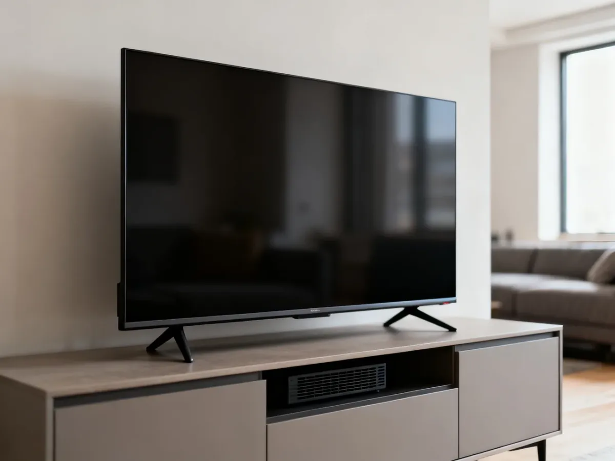 Telewizor 50 cali ustawiony na szafce RTV z widoczną obudową, podstawą i odstępem od ściany
