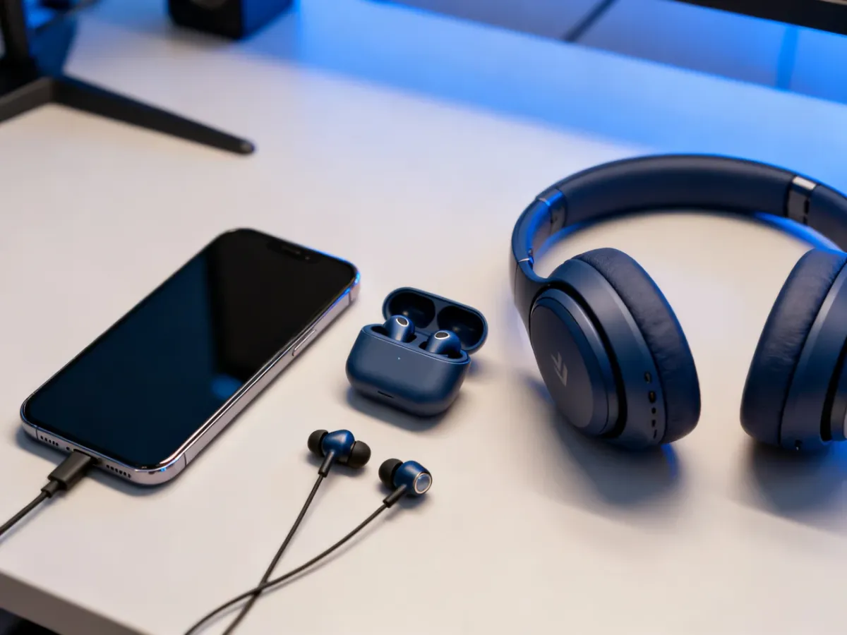 Smartfon z różnymi rodzajami słuchawek do wyboru