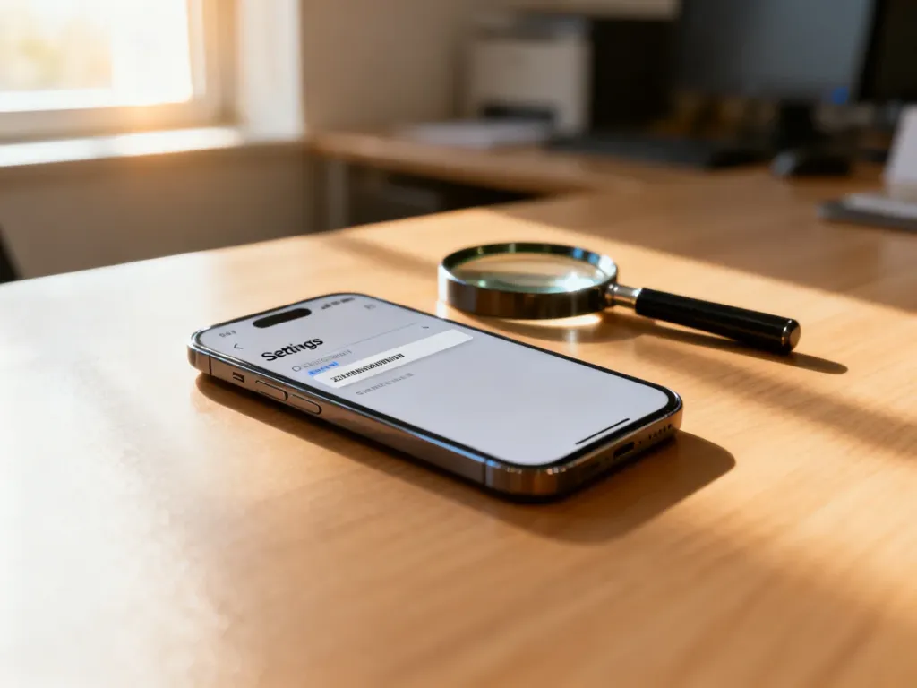 Smartfon z otwartym menu ustawień i lupa na drewnianym biurku, symbolizujące proces sprawdzania numeru seryjnego telefonu.