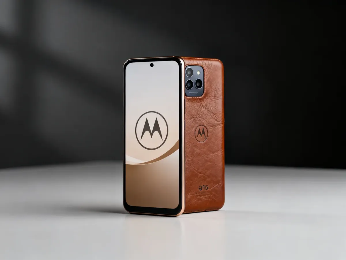Motorola Moto g15 ustawiona pionowo na neutralnym tle, z widocznym dużym ekranem i wykończeniem z wegańskiej skóry