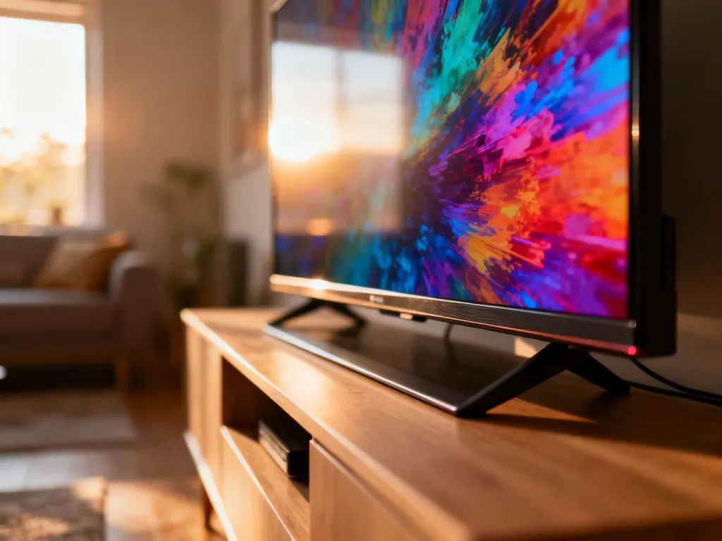 Nowoczesny telewizor z kolorowym obrazem na ekranie, ustawiony na minimalistycznej szafce w słonecznym salonie.