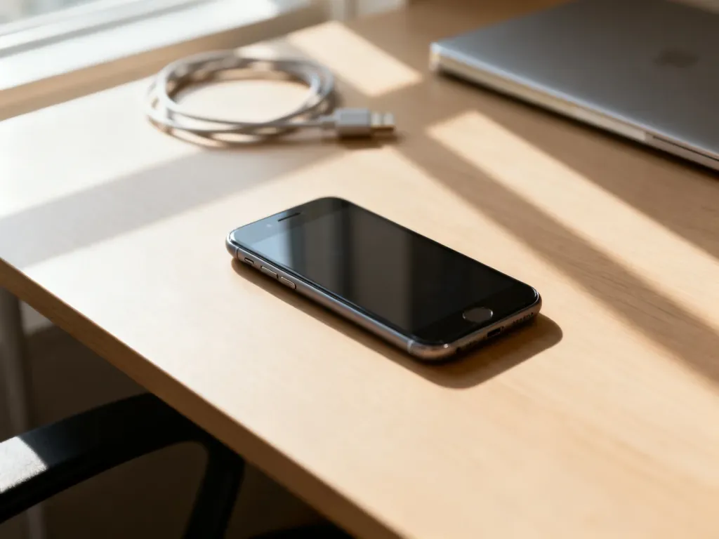 Nowoczesny smartfon leżący na minimalistycznym drewnianym biurku w świetle poranka.