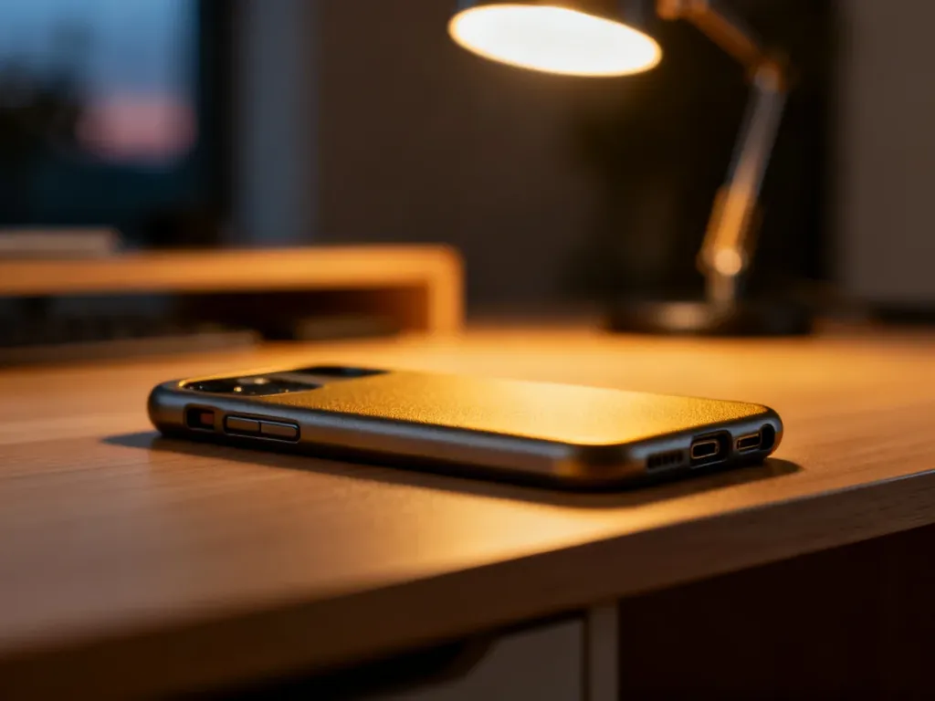 Eleganckie, matowe etui ochronne na telefon leżące na minimalistycznym drewnianym biurku w przytulnym oświetleniu.