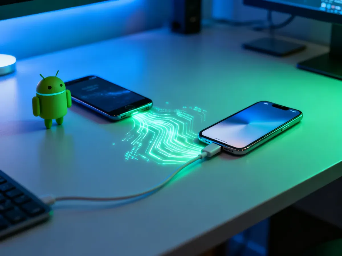 Telefon z Androidem i iPhone połączone kablem podczas przesyłania danych