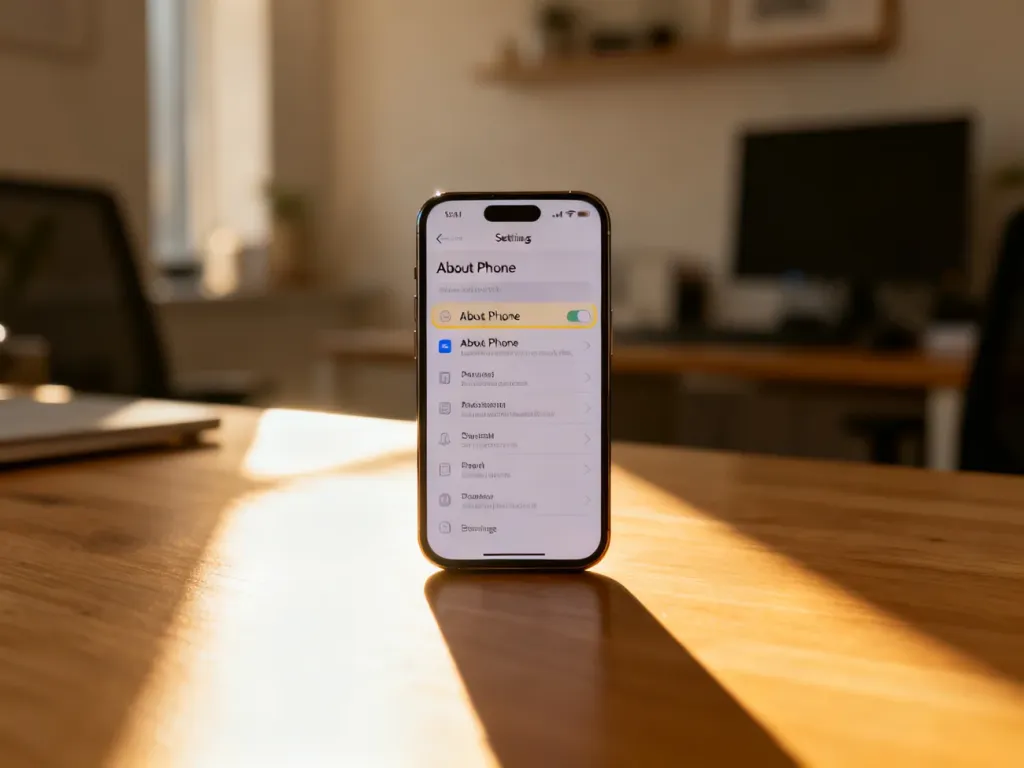 Nowoczesny smartfon z otwartym menu ustawień, wskazujący sekcję „Informacje o telefonie” na drewnianym biurku.