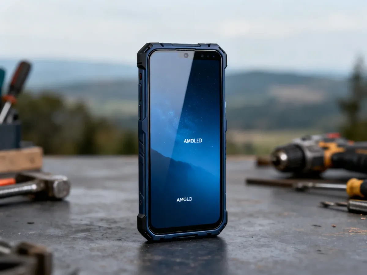 Smukły, odporny smartfon Hammer na tle warsztatu i outdoorowego krajobrazu