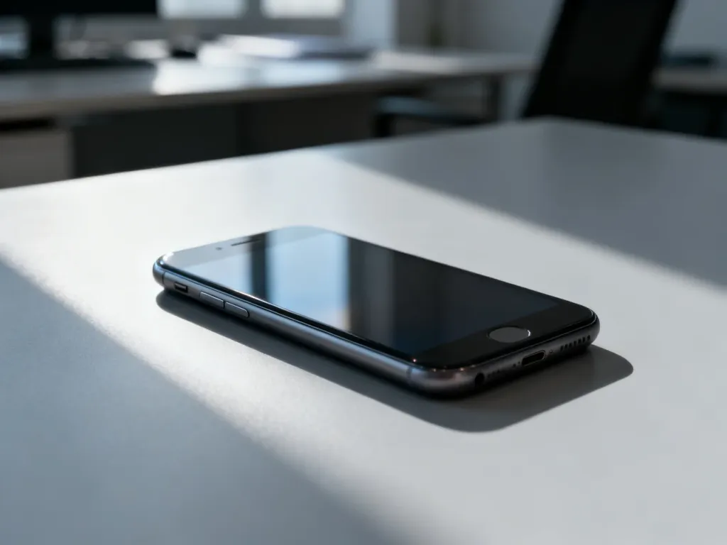 Nowoczesny smartfon leżący na biurku, prezentujący elegancki design i duży wyświetlacz.