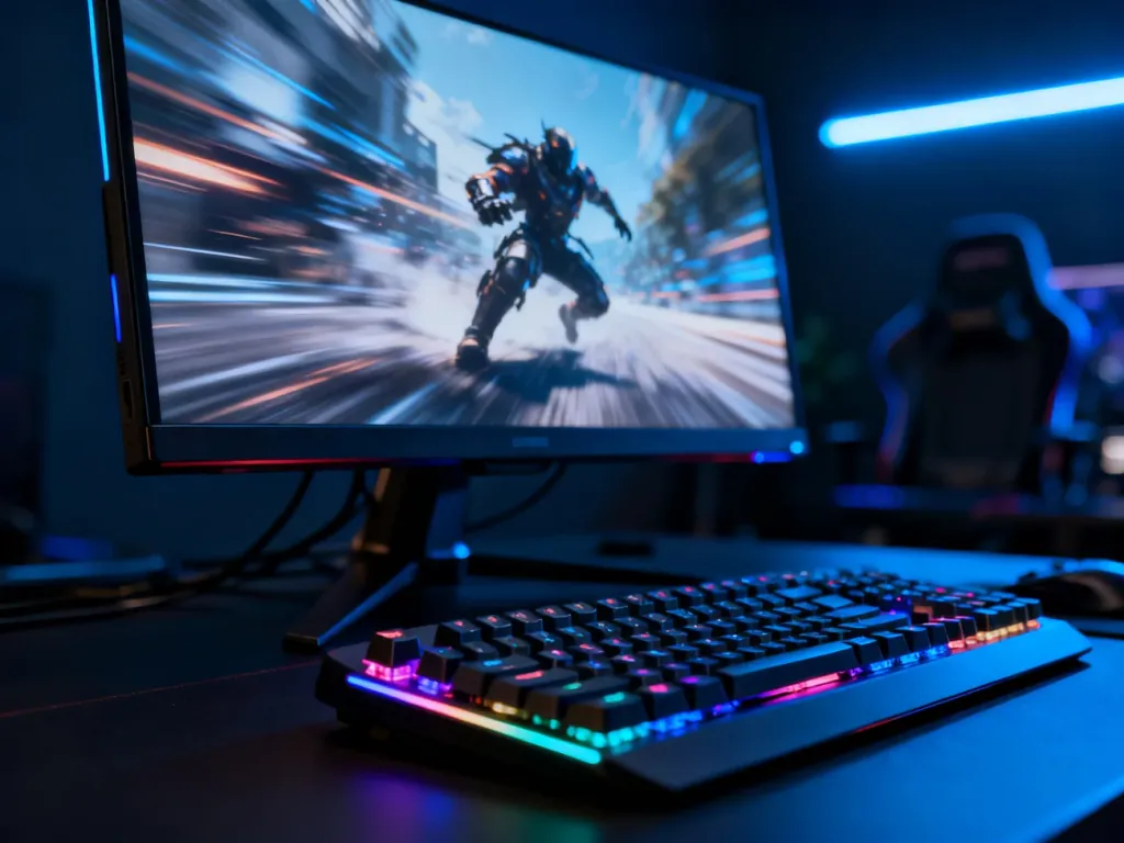 Nowoczesny monitor gamingowy z dynamiczną grą oraz podświetlana klawiatura mechaniczna w przyciemnionym pokoju.