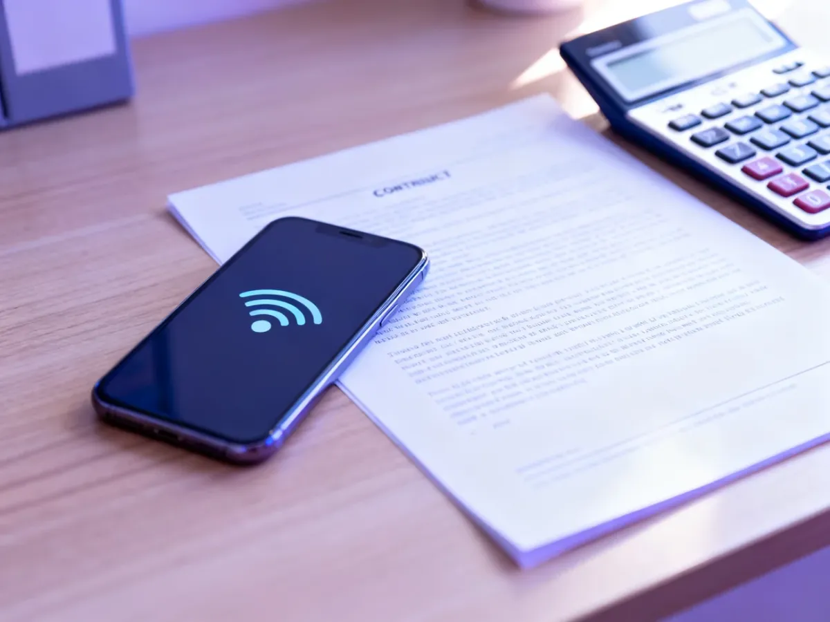 Smartfon, umowa i kalkulator symbolizujące analizę oferty abonamentowej