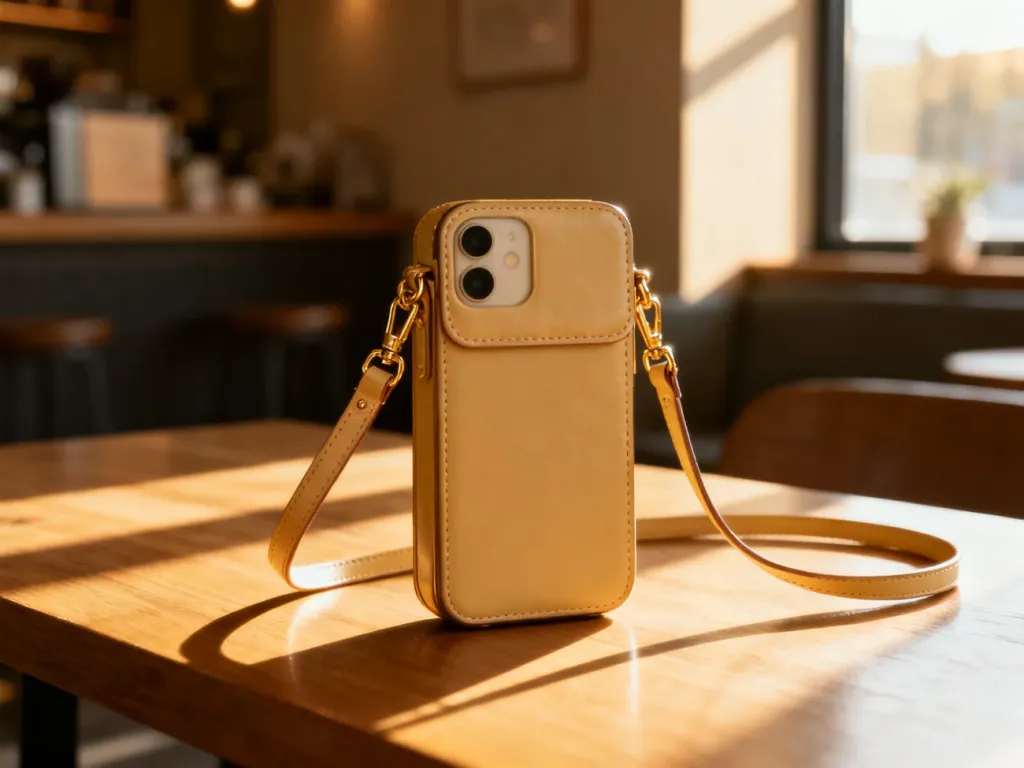 Elegancka, skórzana torebka na telefon ze złotymi detalami, spoczywająca na drewnianym stole w przytulnej kawiarni.